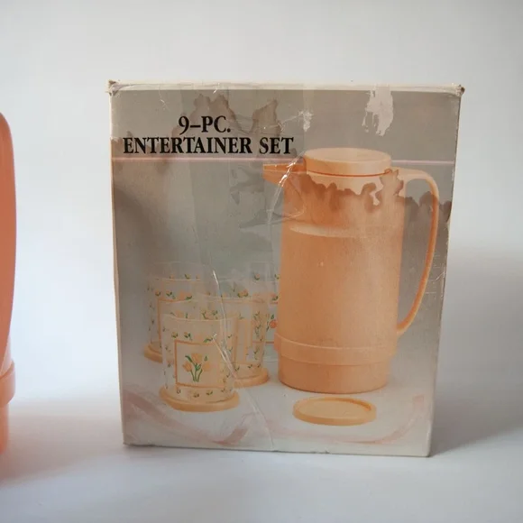 Vintage 80s Plastic Pitcher Cups Coaster SetCottagecore Peach Floral